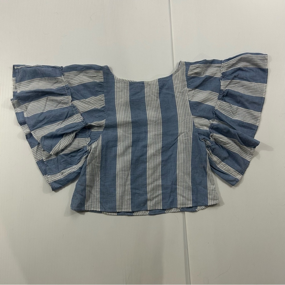 327 Striped Ruffle Sleeve Top - Blue and White (S)
